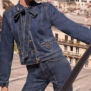 LOFT Blue Jean Jacket with Bow Detail hardware gold details sz LO NWT excellent